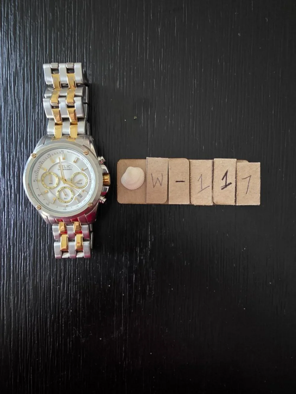 Item #W117 Relic Chronograph 3 dial Gold/Silver 9.5 in Watch.